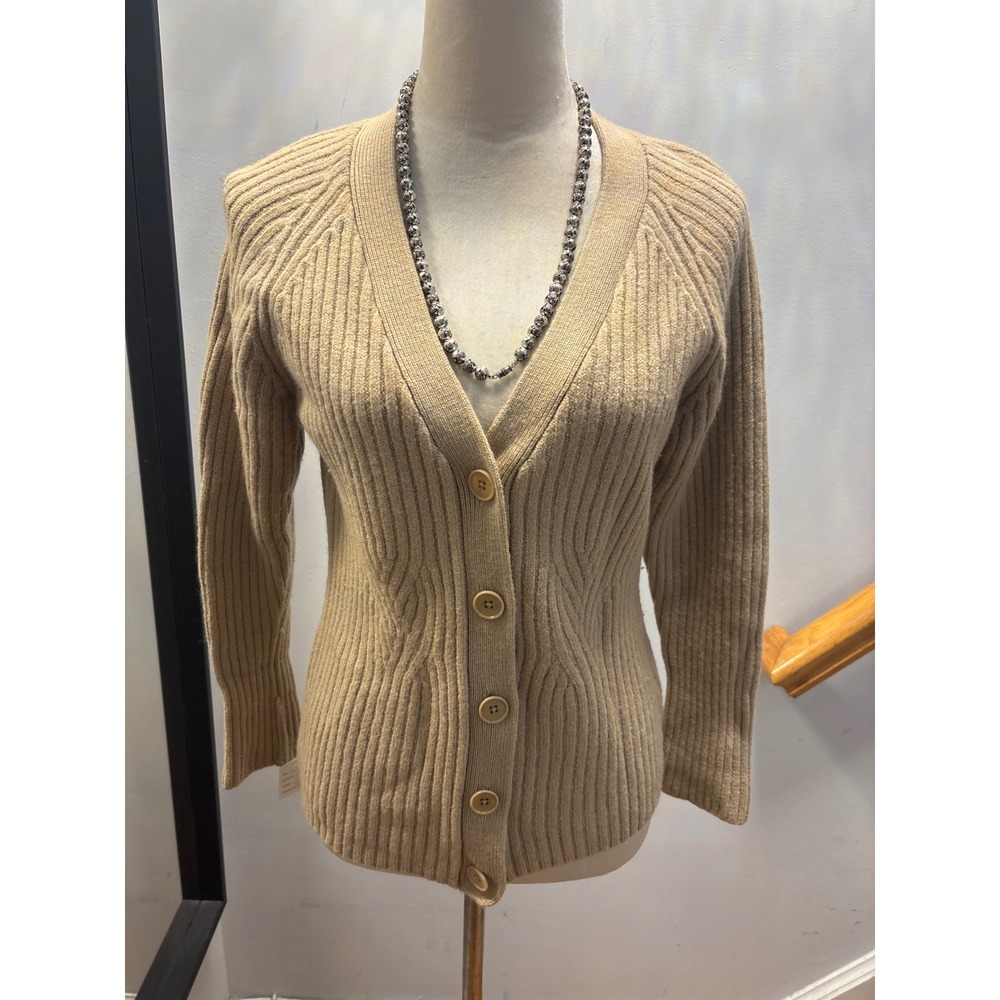 Talbots Cardigan Women Tan Ribbed V-Neck Button Front Sweater Size Large